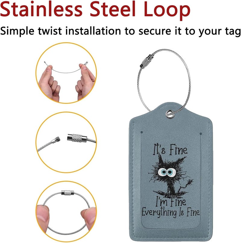 GACCAP 2 Pack Luggage Tags for Suitcase, Privacy Cover ID Label with Stainless Steel and Address Card for Travel Bag Backpack Cruise Ship Essentials Tag Women Men - I'm Fine Funny Cat - Image 2